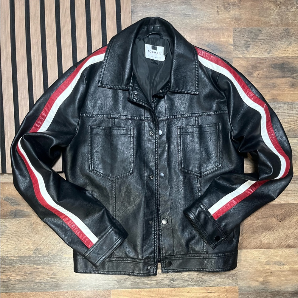 TOPMAN faux Leathet Jacket with Y2K red and white stripe detail!